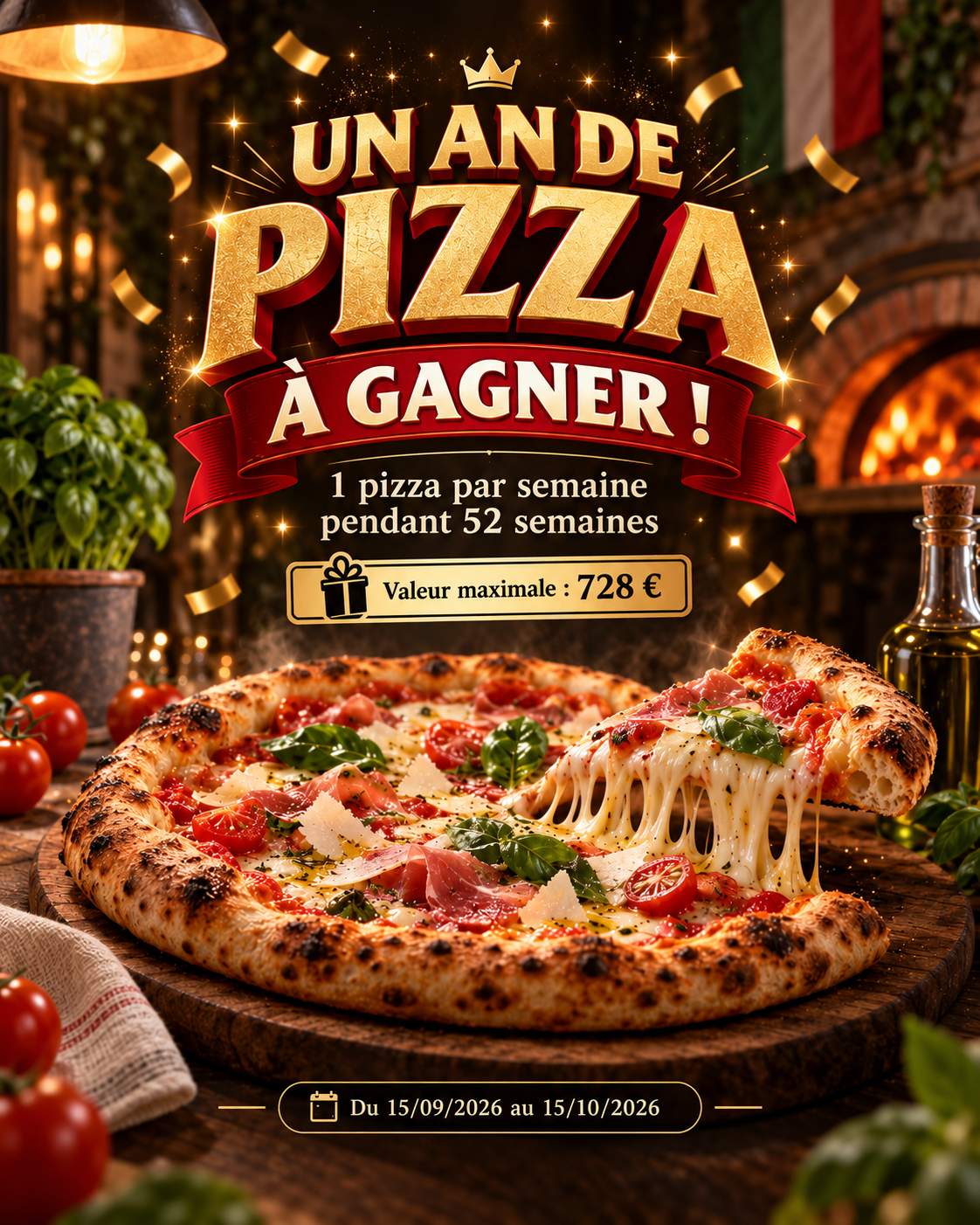 Un an de pizza à gagner : 1 pizza par semaine pendant 52 semaines, valeur maximale 728 €, du 15 septembre au 15 octobre 2026